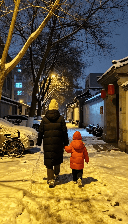 传统建筑素材：冬夜雪巷温情剪影：成人携童漫步归途