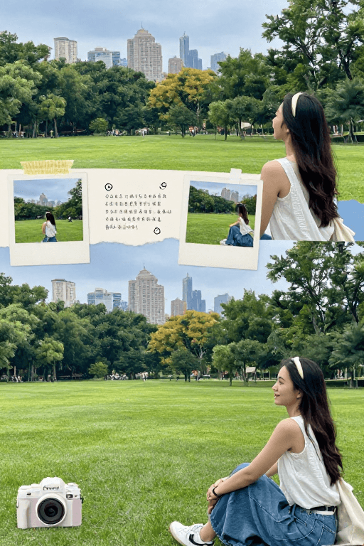 旅行素材：手帐拼贴中的旅行者静谧城市公园风景