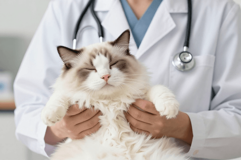 布偶猫素材：安睡布偶猫与专业兽医的宁静时刻