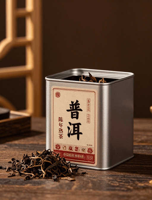 普洱茶罐素材：暖光陈年普洱：高级质感金属罐