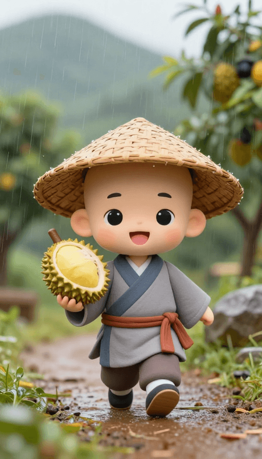 Q版角色素材：细雨果园中的呆萌和尚玩偶Q版全身照