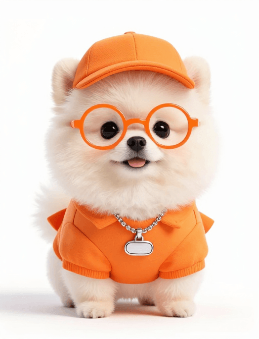 高清画质素材：萌趣博美犬：橘色配饰时尚卡通形象