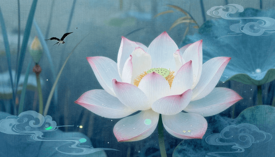 夏荷图鉴素材：梦幻夏荷：绢帛上的重瓣之花与墨羽云纹