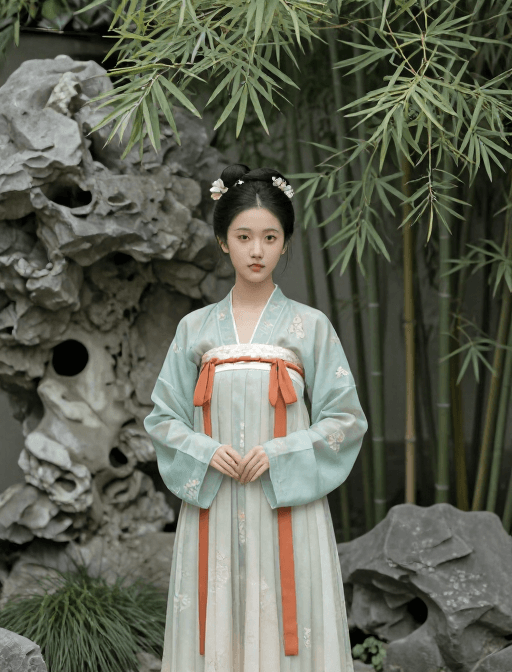 古典园林素材：新中式宋画风：古典园林中的优雅少女