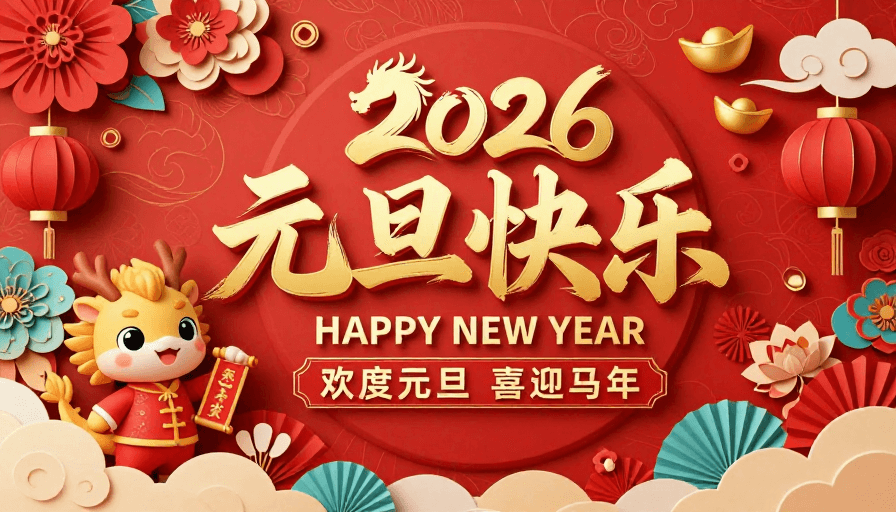 3D插画素材：2026元旦马年喜庆中国风海报