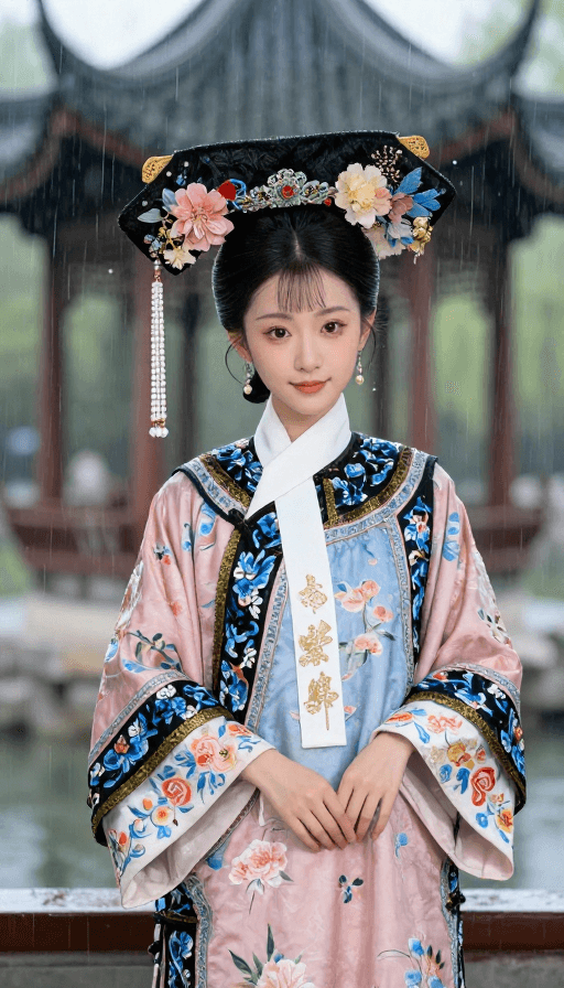 文化插画素材：清丽佳人倚栏听雨：古风日漫御花园插图
