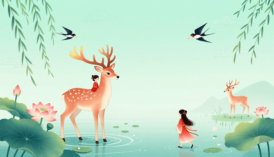 手绘质感素材：青绿水墨·粉鹿童梦：东方诗意插画