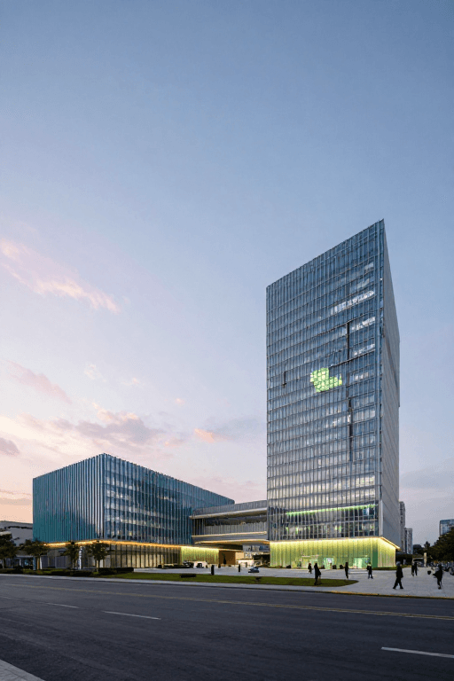 现代都市素材：黄昏都市：玻璃幕墙与科技建筑的宁静美感