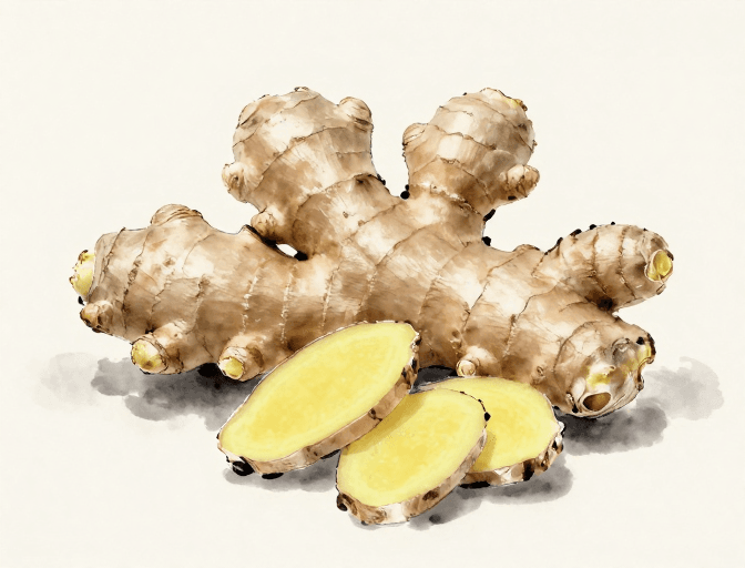 静物插画素材：水墨韵味：桌上静置的生姜