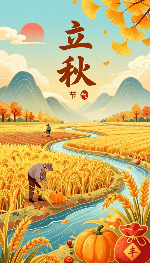 矢量艺术素材：新中式立秋丰景：金黄稻浪与丰收节令