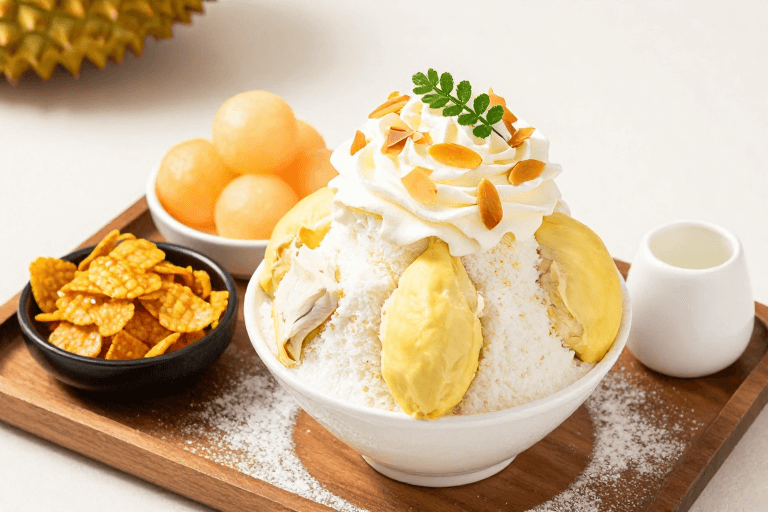 木质托盘素材：精致榴莲刨冰：奶油与新鲜食材的完美搭配