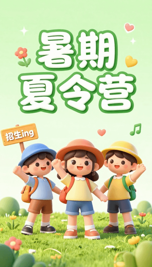 绿色主调素材：清新3D卡通夏日夏令营欢乐招募画面