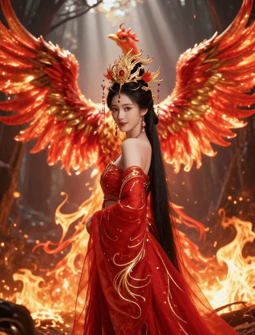 超高清摄影素材：涅槃重生：仙境凤凰与仙侠美人震撼实拍