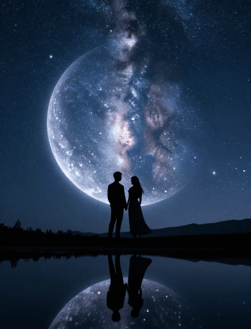 文化符号素材：银河爱心星映月，牛郎织女梦湖底
