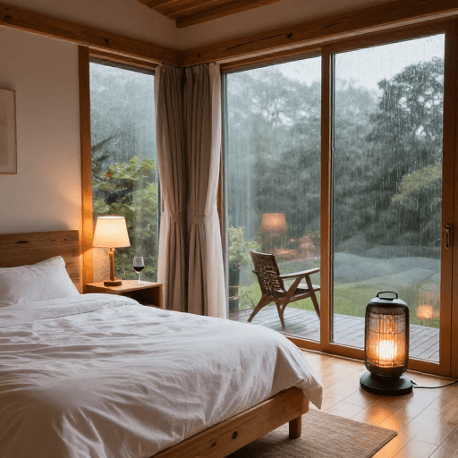 室内摄影素材：治愈系原木风卧室：雨天里的温暖角落
