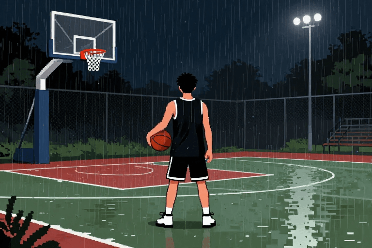 情绪表达素材：像素风雨夜：孤独少年持球篮下