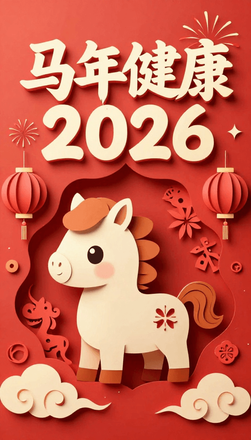 2026马年素材：2026马年健康：3D立体剪纸艺术海报