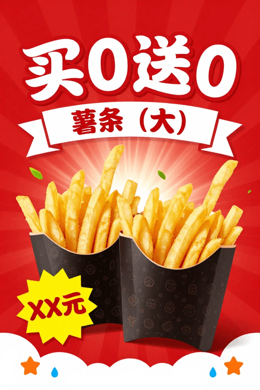节日活动素材：买0送0！超大薯条促销狂欢节