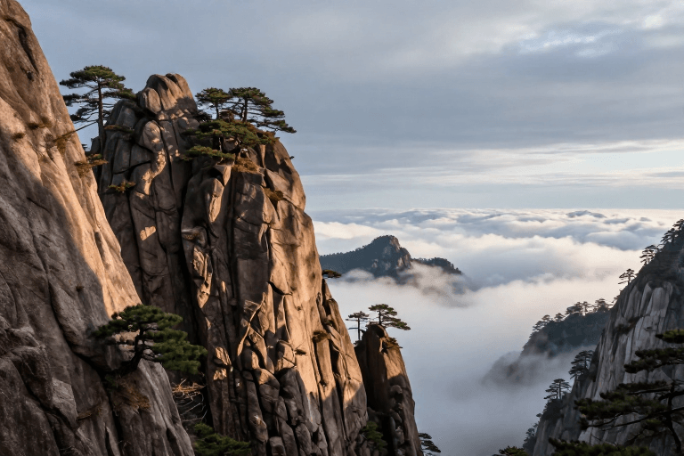 自然奇观素材：黄山奇峰云海：柔光雕琢的自然史诗