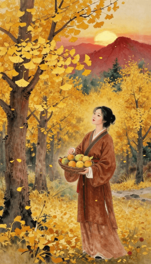 装饰画素材：秋风银杏丰收图：国风水墨与油画质感交融