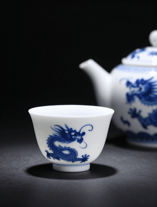 传统工艺素材：青花磨砂茶具黑底聚光图 龙凤传统工艺