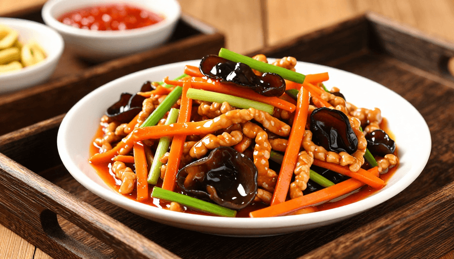 餐桌布置素材：高清鱼香肉丝美食摄影，暖光呈现诱人色泽