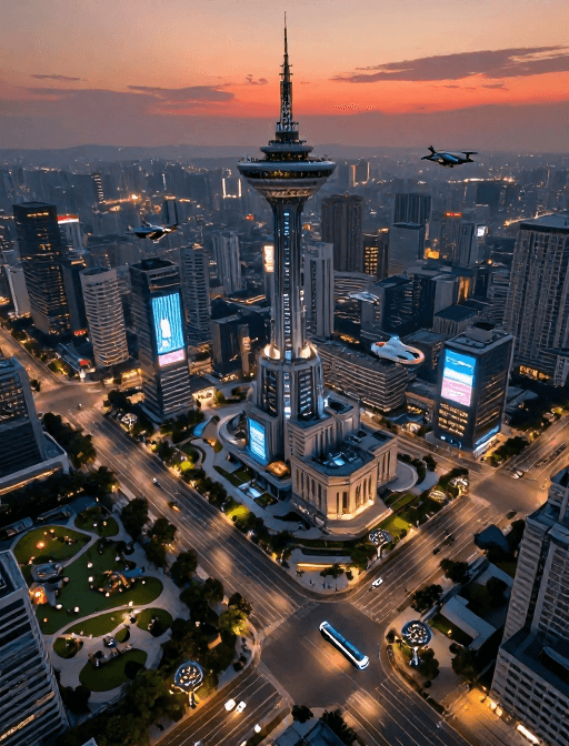 科幻氛围素材：未来机械都市全景：黄昏光影与科技交融