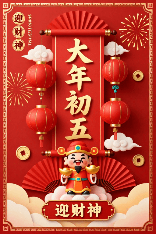招财进宝素材：新春迎财神：红金融合的中国风春节插画海报