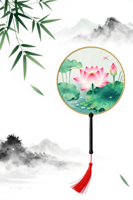 水墨风素材：青莲映荷·水墨团扇诗意留白中国风背景图