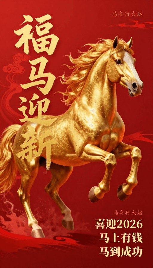金色骏马素材：福马迎新：金色骏马中国风插画