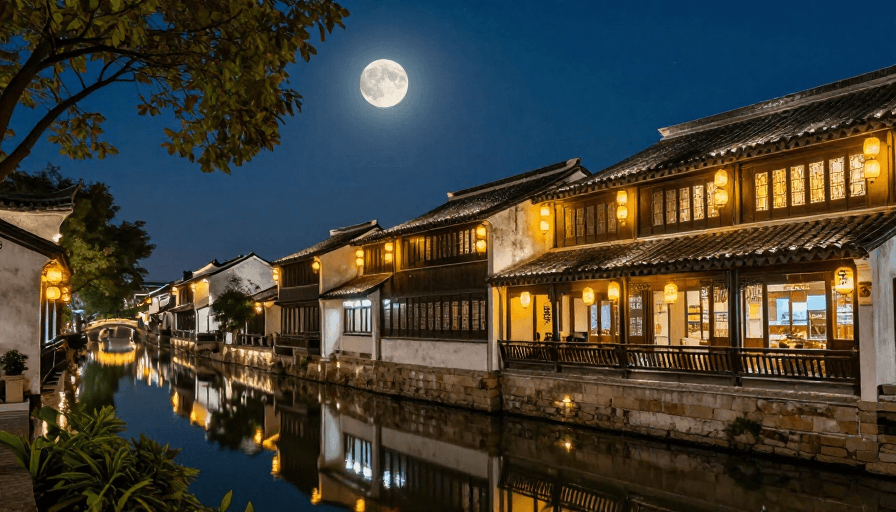 月夜倒影素材：月照江南：古镇夜景光影画卷