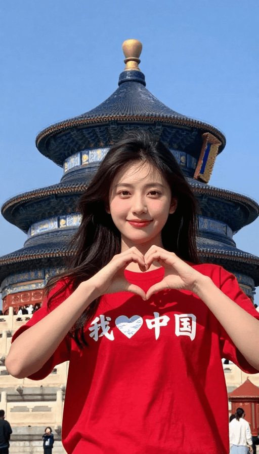 正能量素材：北京天坛前年轻女性比心，展现国庆爱国热情