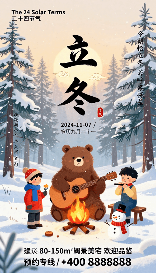 房地产宣传素材：冬日暖阳：立冬治愈插画海报