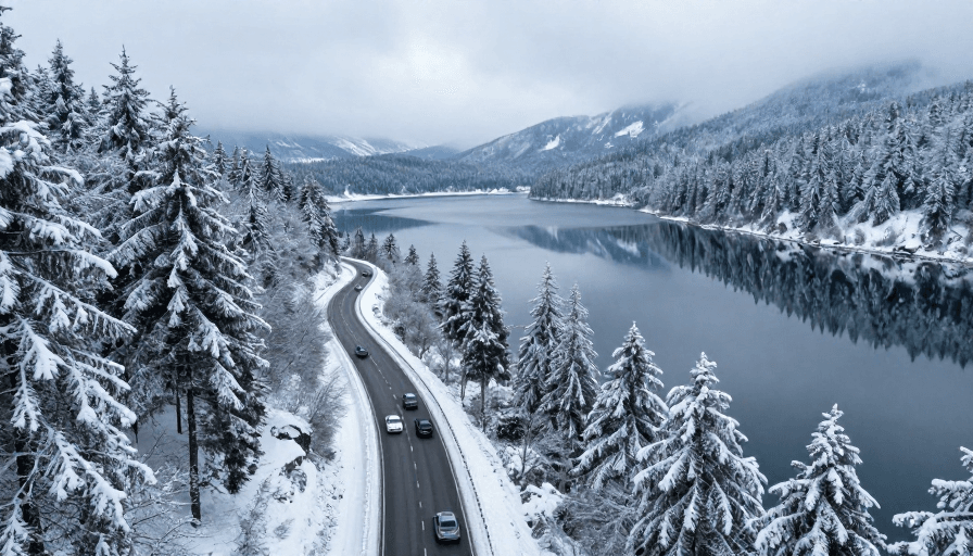 旅游宣传图素材：雪覆山谷与蜿蜒公路：冬日宁静景观摄影