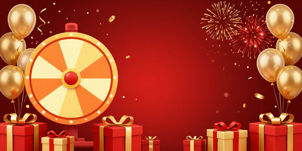 喜庆风格素材：喜庆新年主题：金色幸运转盘与礼花庆祝背景