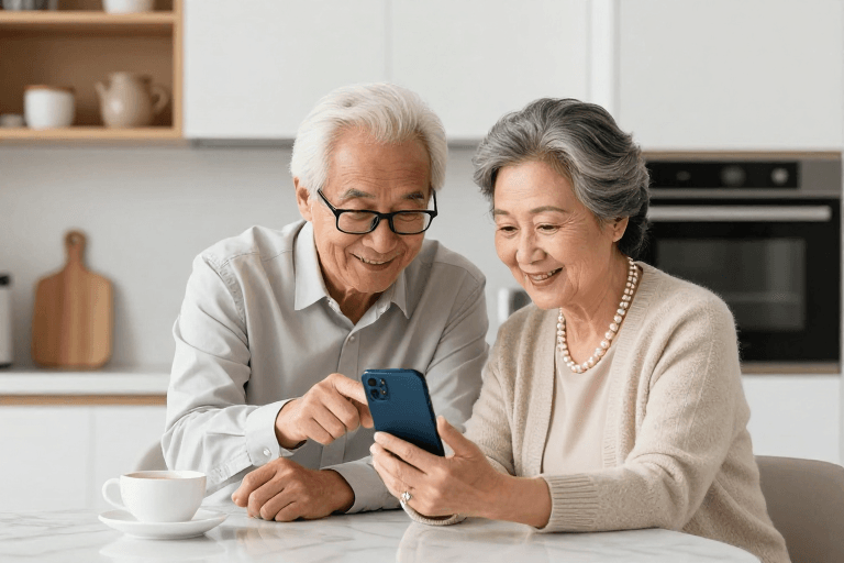 现代厨房素材：银龄夫妇共享科技生活温馨瞬间