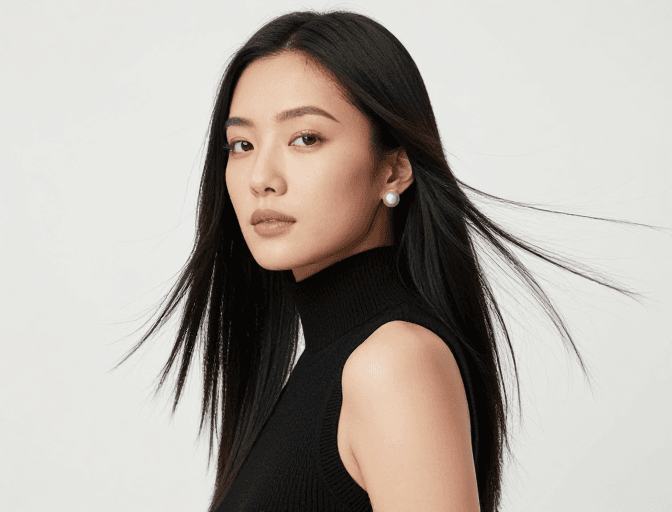 时尚广告素材：黑发亚洲女性侧颜柔光时尚广告摄影