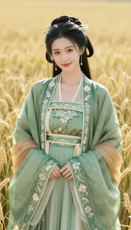 清新氛围素材：绿衣少女笑迎麦田，电影质感人像