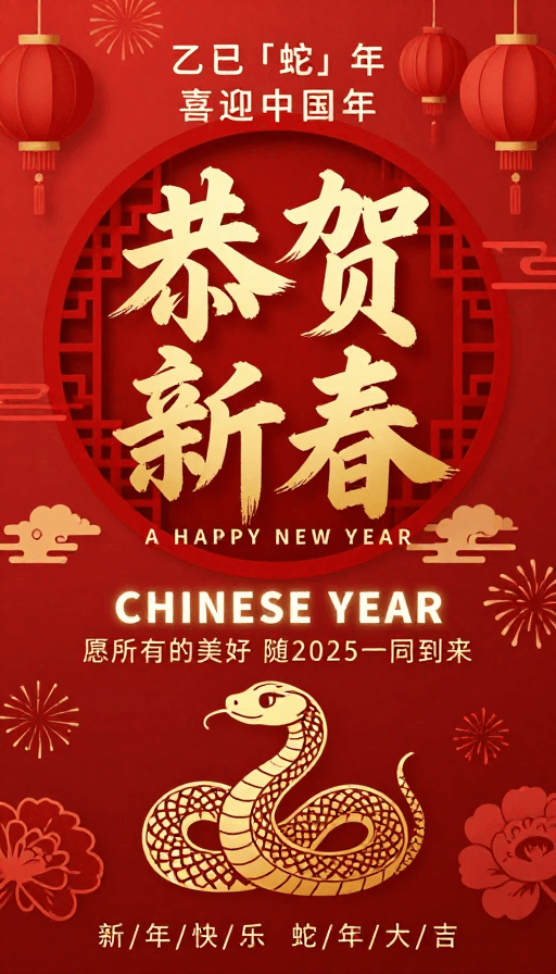 新年祝福素材：喜庆金蛇报春·传统新年祝福海报