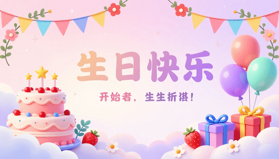 卡通风格素材：梦幻粉紫生日贺卡：甜美插画庆祝你的特别日