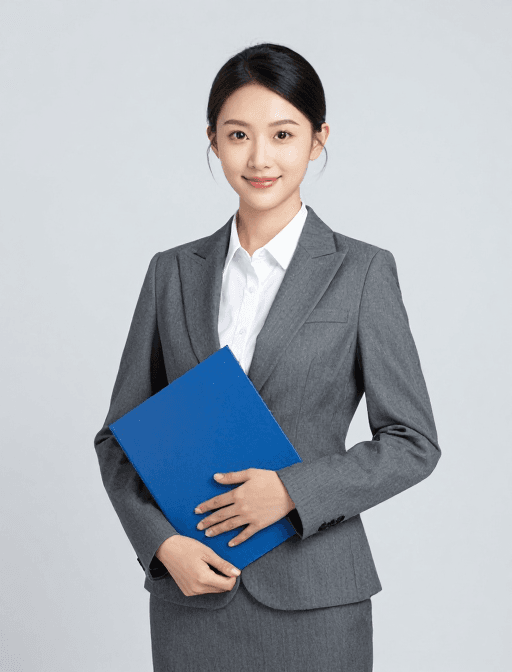亲和风格素材：专业女性商务形象：灰色西装与亲和微笑