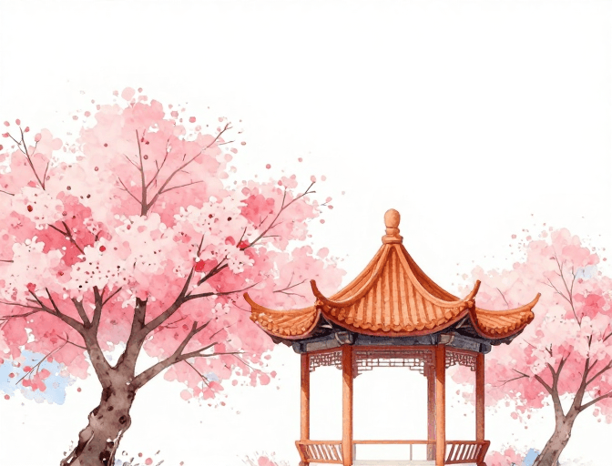 春日意境素材：水彩淡雅春日庭院，樱花环绕中式古亭