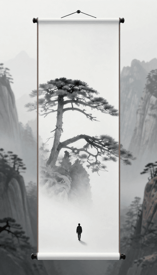 文化符号素材：东方极简：缥缈卷轴中的黄山迎客松与渺小人影