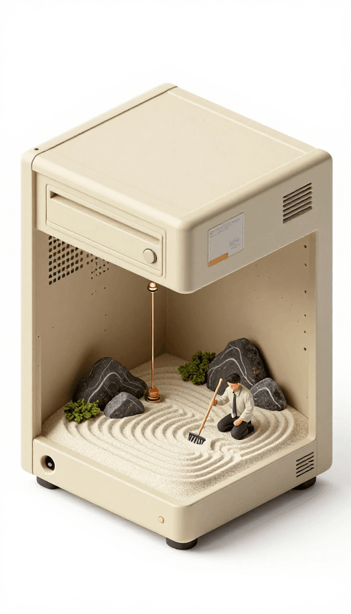 3D插画素材：复古主机内的禅意庭院：都市人的心灵绿洲