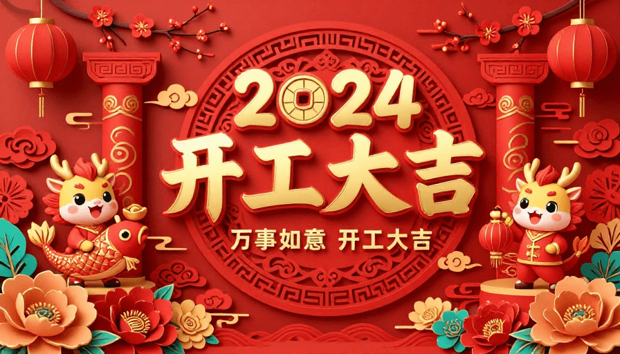 开工大吉素材：喜庆中国风新年开工海报，2024金色立体字设计