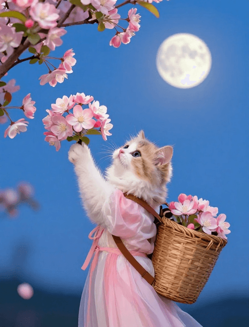 明艳海棠夜月下，萌宝背篓小猫举花