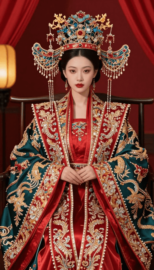 红色与绿色素材：奢靡红绿古风嫁衣：凤冠霞帔艺术照