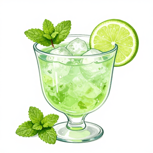 薄荷柠檬鸡尾酒素材：清新薄荷柠檬鸡尾酒手绘插画线条简约风