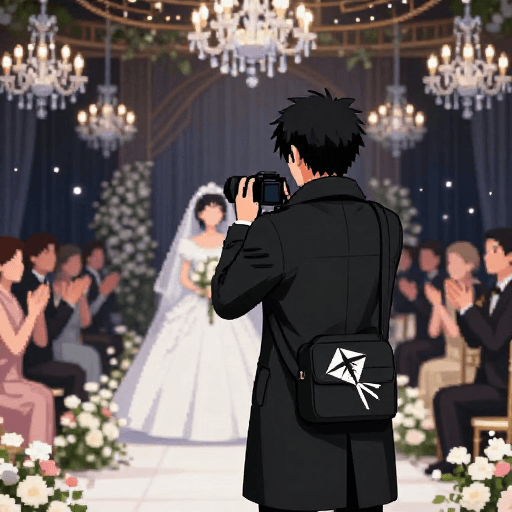 艺术插画素材：日式像素风婚礼孤寂摄影师背影