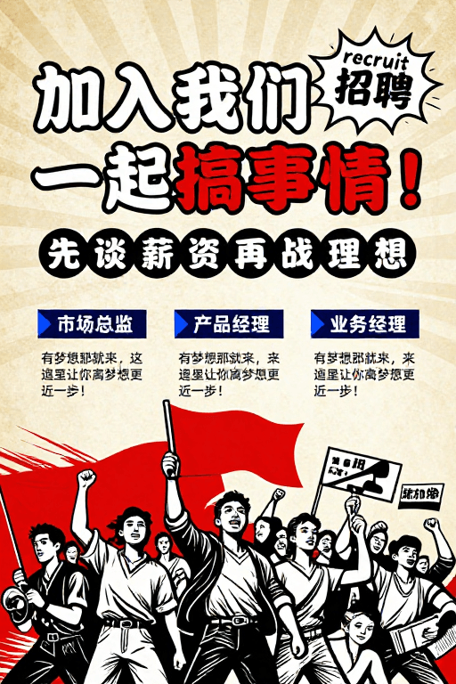 招聘海报素材：复古革命风招聘海报：共谋大事，高薪邀你入局！